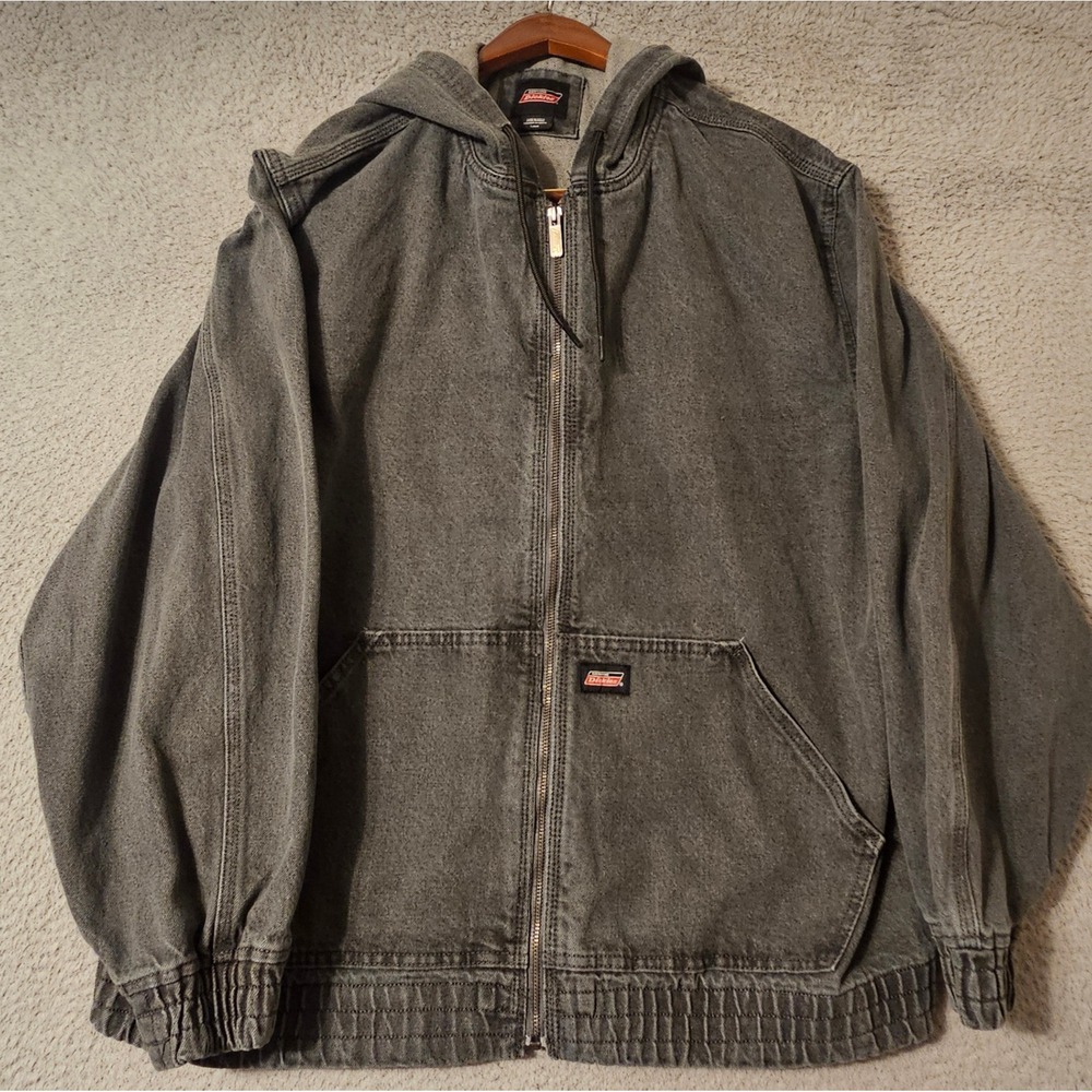Genuine Dickies Mens Gray Faded Wash Denim Full Zip Hooded Jacket Size Large
